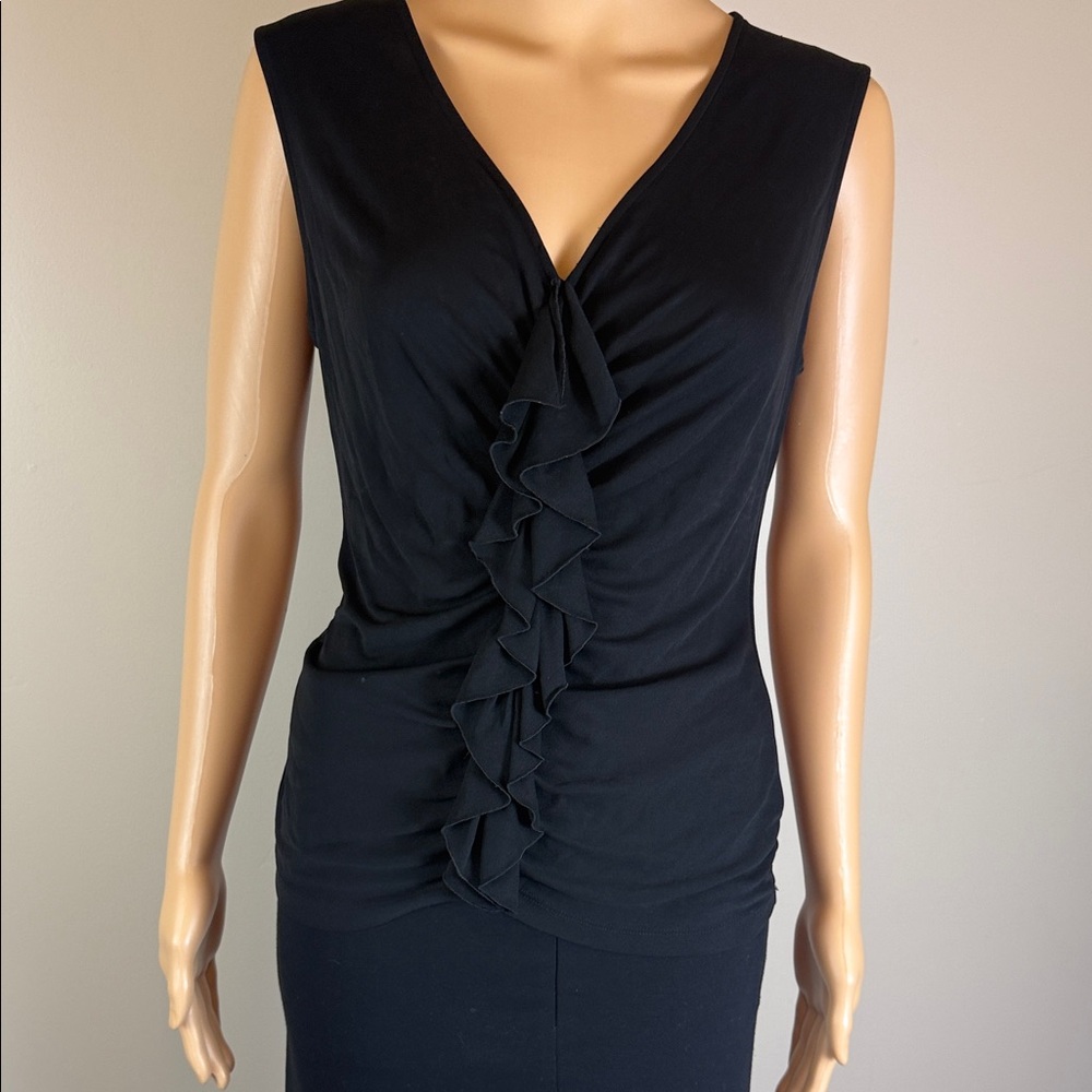 Lafayette 148 Black Silk Sleeveless Blouse with Ruffle Detail